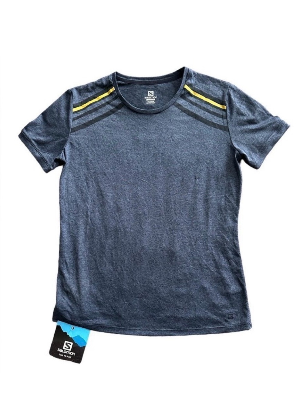 Salomon Navy Short Sleeve Active Tee with Yellow Shoulder Stripes